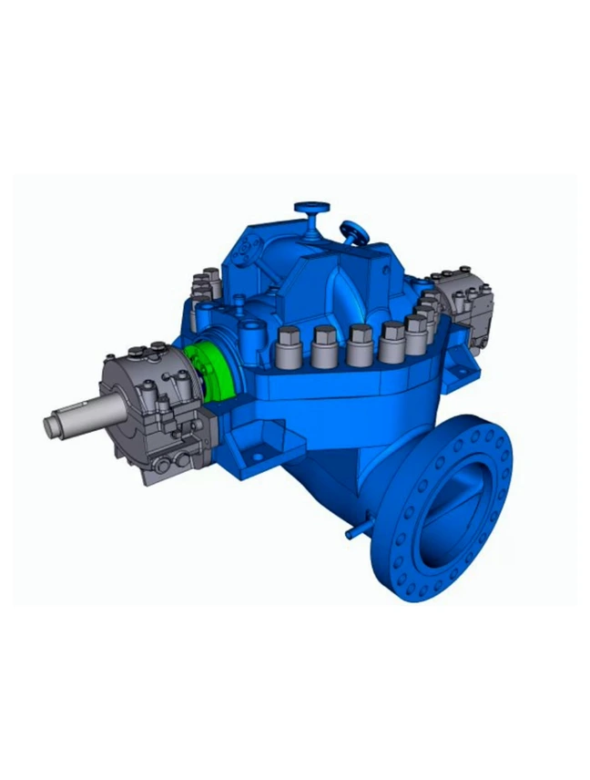 Blue industrial pump cutaway rendering