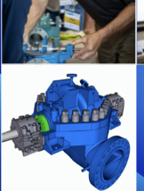 Blue industrial pump cutaway rendering